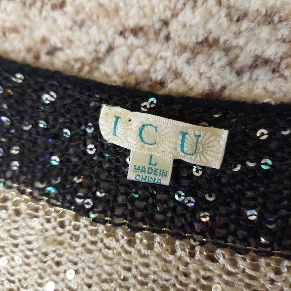 I.C.U. Women's Sequin Striped Pull Over Size L Open Knit Sweater Gold Black - Picture 8 of 14